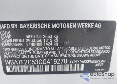 2016 BMW 750I xDrive из США, поврежденный, VIN WBA7F2C53GG419278